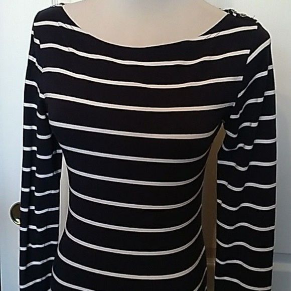 KNIT TOP NAUTICAL STRIPED NAVY BLUE WHITE BOAT NECK SMALL S WOMENS SMALL S - Picture 2 of 9